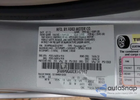 2012 Ford Fusion S из США, поврежденный, VIN 3FAHP0GAXCR147997